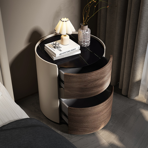 Round Nightstand Italian Minimalist Night Table Light Luxury Simple Leather Bedroom Rock Slate Bedside Table