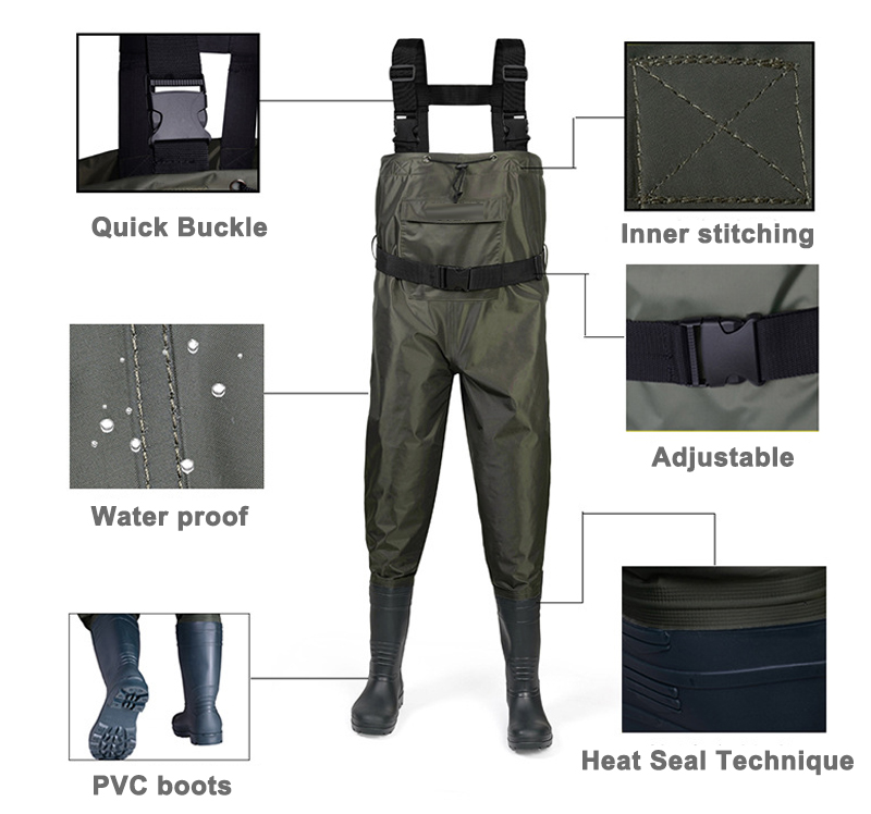 Zipper Front Pocket Water Proof Nylon PVC Men Fishing Chest Waders with PVC Boots