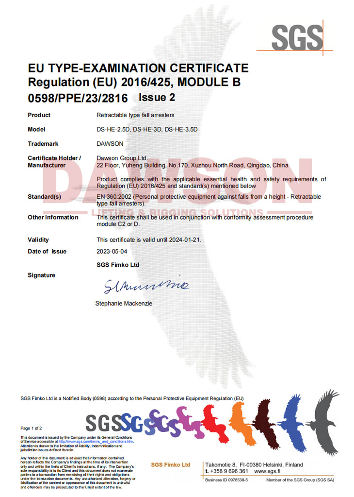 Certificado SGS Tipo retr&aacute;til p&aacute;ra-quedas DS-HE-2.5D DS-HE-3D DS-HE-3.5D - Dawson Group Ltd. - Fabricante e fornecedor na China