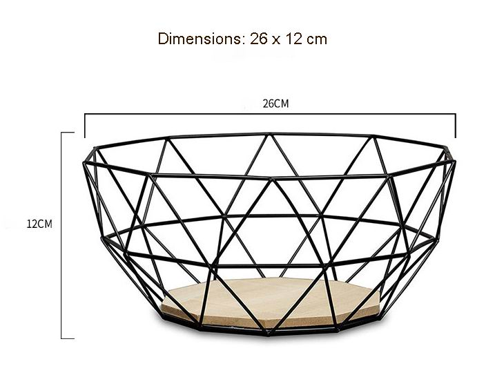 Black Geometric Metal Wire Wooden Base Decorative Storage/ Display Basket Fruit Bowl