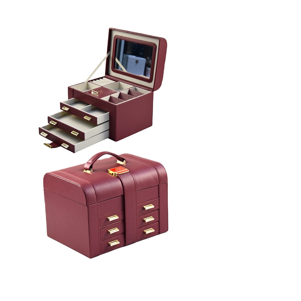 Mirrored Multi Drawers Pu Leather Larger Capacity Jewelry Box with Handle 