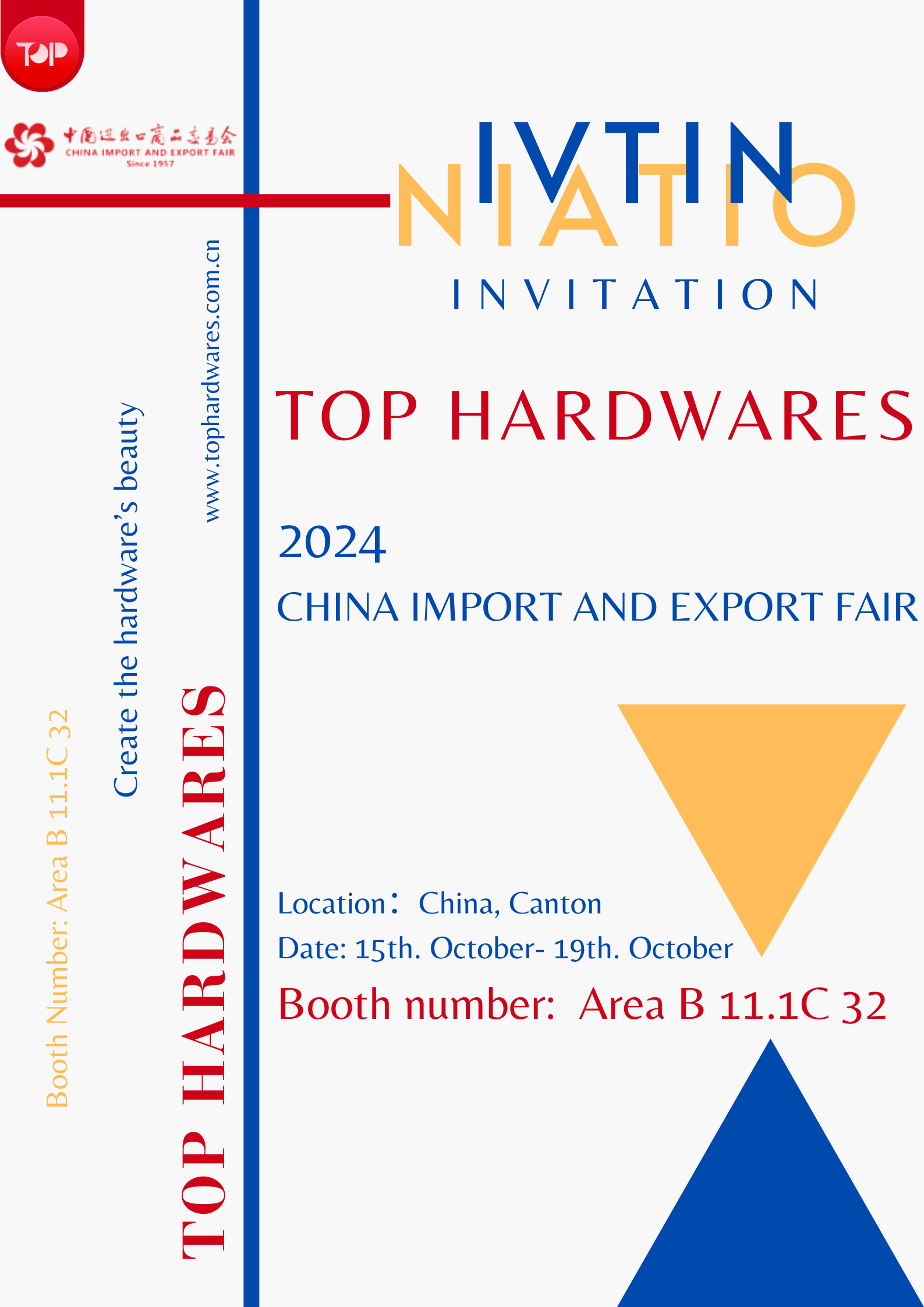 136th Canton Fair in April 2024 Top hardwares Co.,Ltd. Booth number