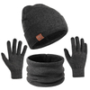 Men Black Gray Warm Beanie Scarf Gloves Knit Set