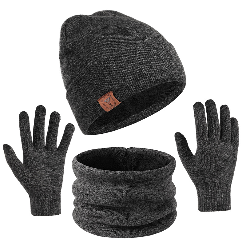 Men Black Gray Warm Beanie Scarf Gloves Knit Set