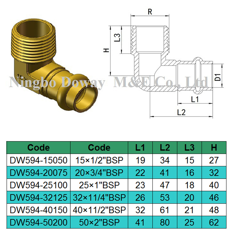 Raccords de presse en laiton d'approbation de filigrane de coude masculin