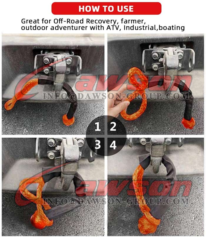 Aplicaci&oacute;n Cuerda de grillete suave sint&eacute;tica, Cuerda de recuperaci&oacute;n de grillete suave UHMWPE para navegaci&oacute;n SUV ATV 4X4 Cami&oacute;n Jeep Recuperaci&oacute;n Escalada Remolque - Dawson Group Ltd. - Fabricante, proveedor de China