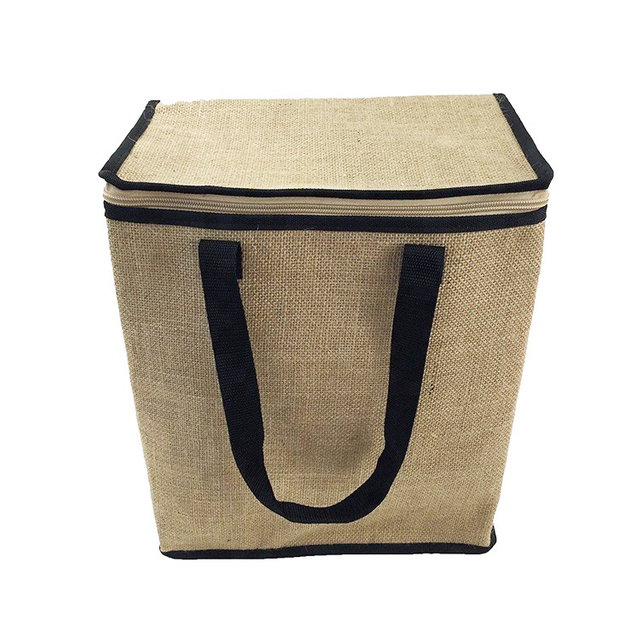 Custom Printed Burlap Handbag Natural Zippered Tote Bag Reusable Insulated Jute Cooler Bag