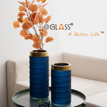Blue sand blasting decorative Indoor Glass Vase Flower Bottle