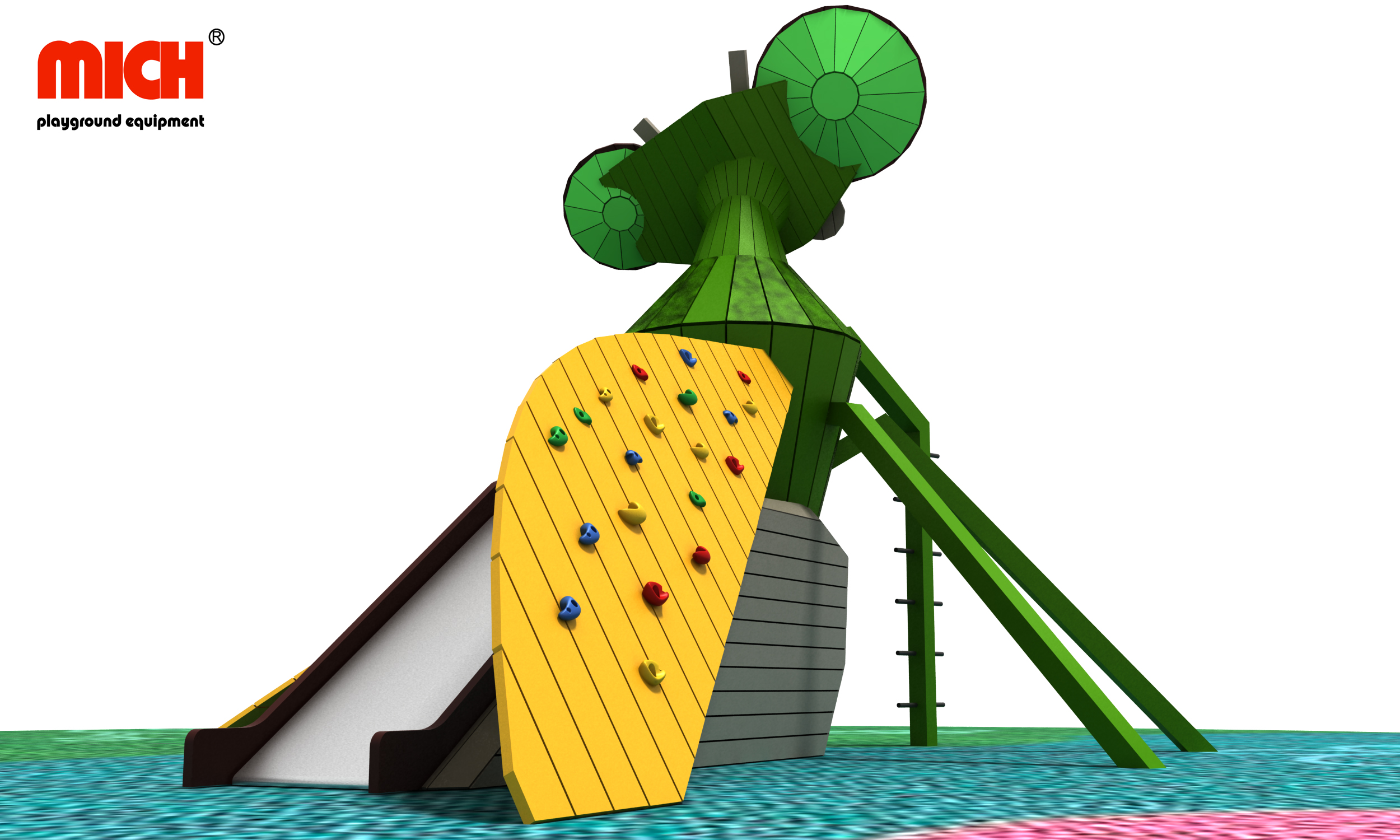Playset luar ruangan dengan struktur panjat dan slide