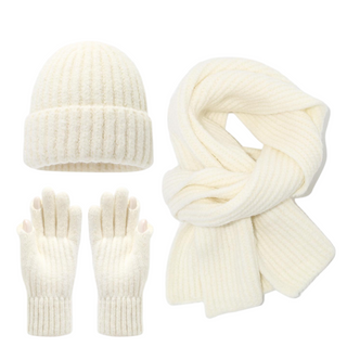 Solid Color Polyester Knit Set Unisex Outdoor Ski Warm Scarf Beanie Gloves