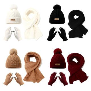 Men Women Fashion Wool Knit Three Piece Set Warm Pom Beanie Scarf Gloves