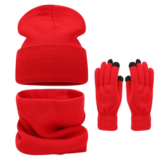 Red Polyester Knit Scarf Beanie Gloves Ladies Warm Three Piece Set