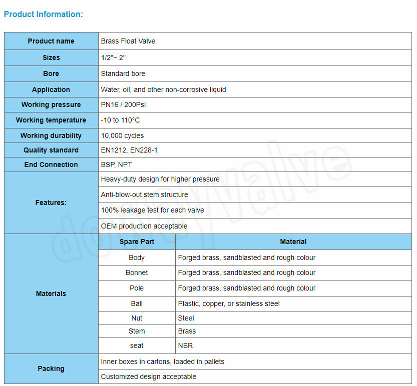 V&aacute;lvula de flotador de lat&oacute;n con palanca de agua de alta calidad