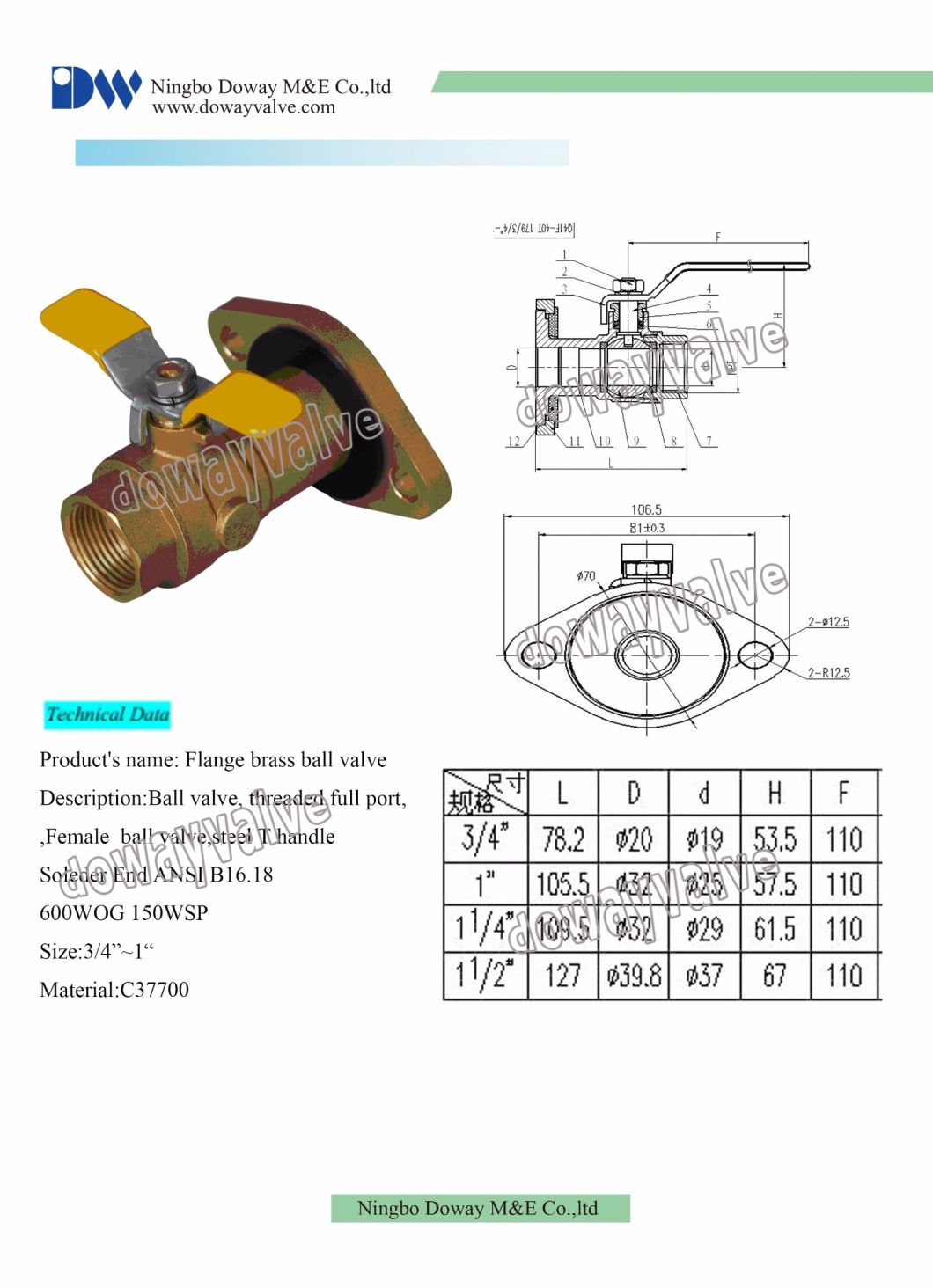 Robinet &agrave; bille &agrave; passage int&eacute;gral &agrave; bride en laiton forg&eacute; 600wog