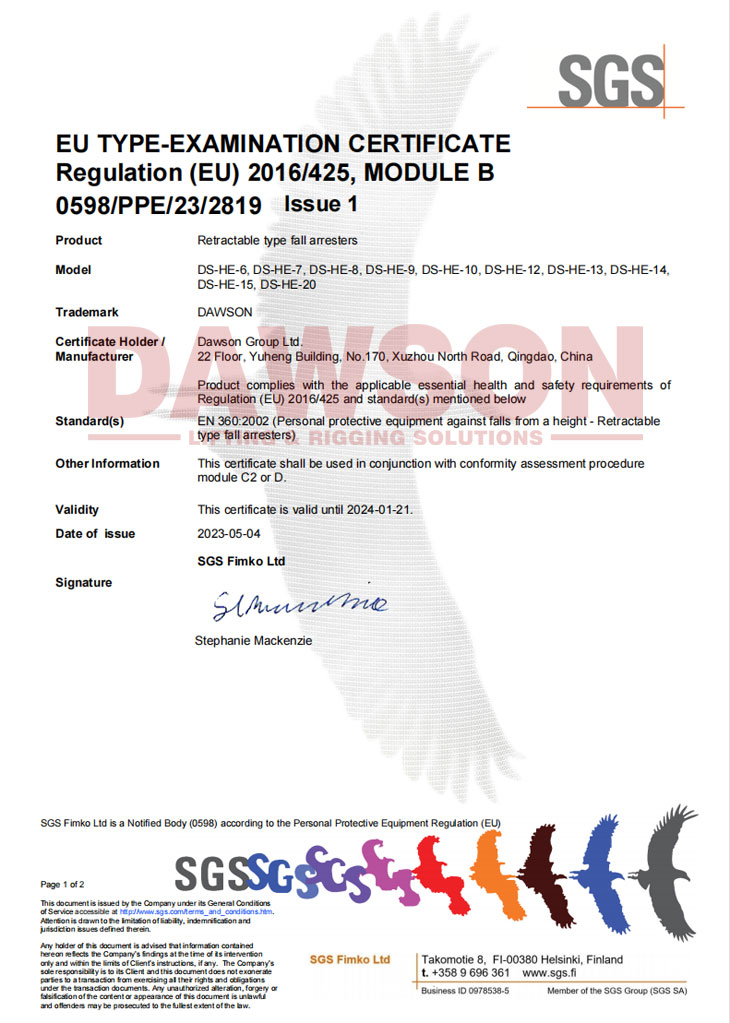 Tipo retr&aacute;til do certificado do GV ​​trava-quedas DS-HE-6 DS-HE-7 DS-HE-8 DS-HE-9 DS-HE-10 DS-HE-12 DS-HE-13 DS-HE-14 DS-HE- 15 DS-HE-20 - Dawson Group Ltd. - Fabricante e fornecedor na China