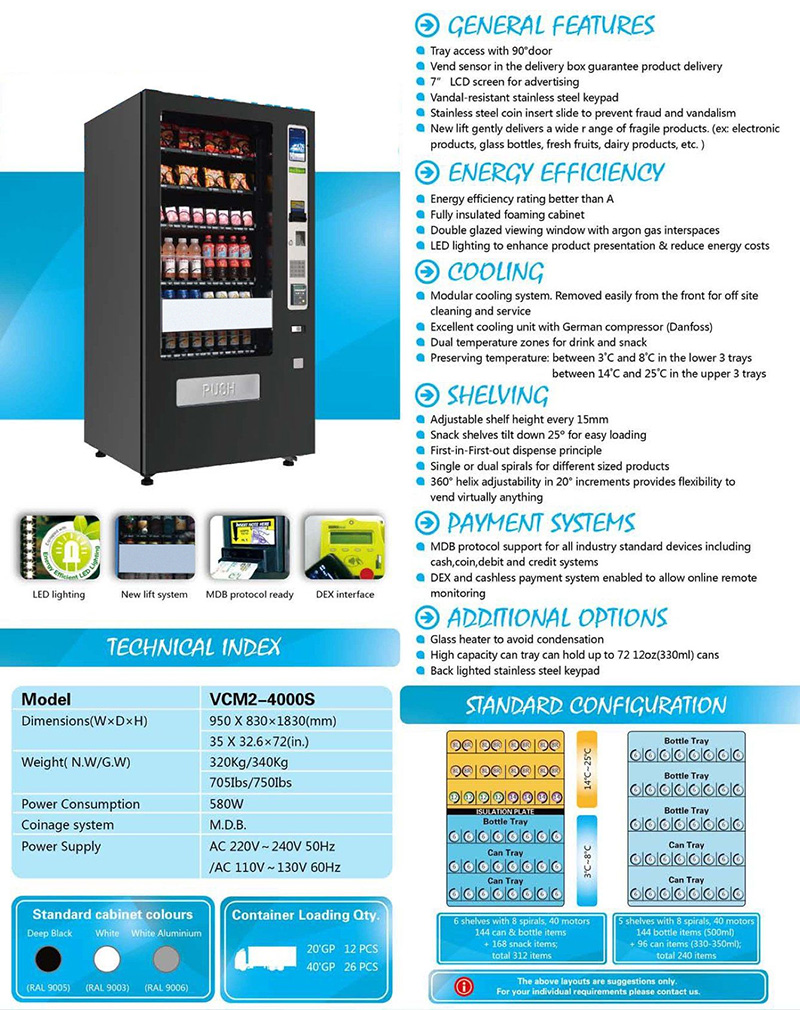 M&aacute;quina expendedora combinada elevable VCM2-4000S con especificaciones t&eacute;cnicas completas, caracter&iacute;sticas, sistema de enfriamiento, estantes y opciones de pago