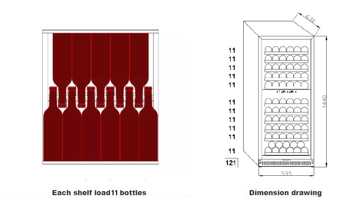 280UD Cada estante carga 11 botellas Dibujo de dimensiones