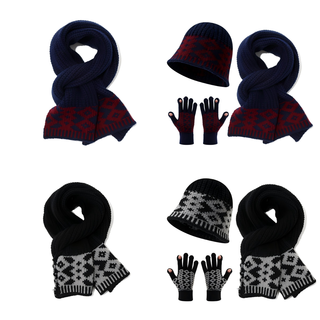 Retro Knitted Warm Set Navy Blue Burgundy Scarf Beanie Gloves
