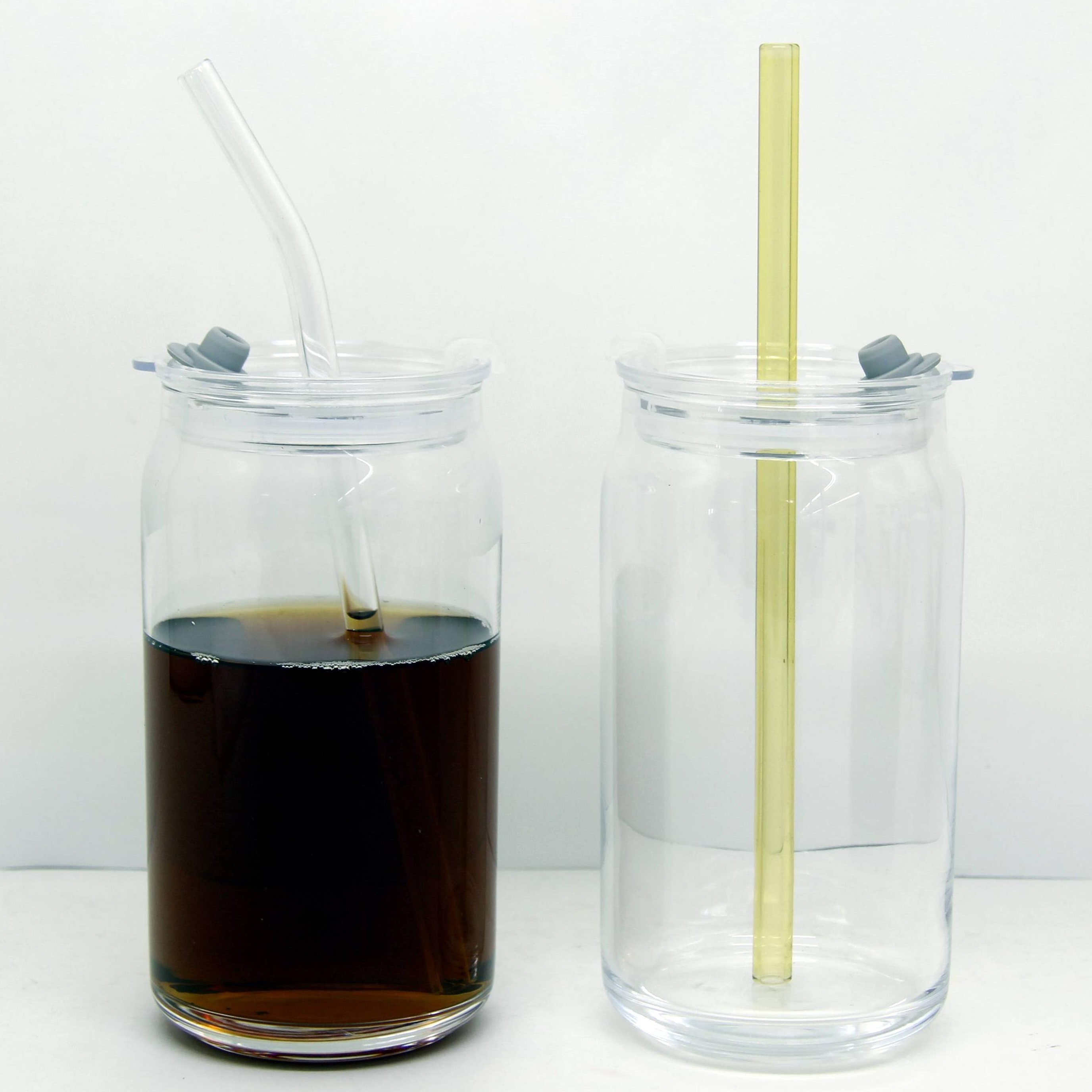16 oz Can Shaped Juice Beer Drinking Glass Cups With Lids and Straw 