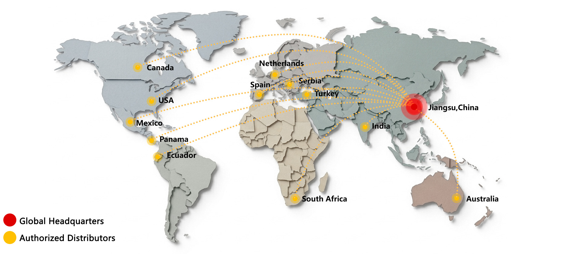 Mapa de la red global de distribuidores de máquinas expendedoras, que muestra la cobertura de ventas mundial desde nuestra sede en Jiangsu, China.