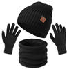 Men Black Gray Warm Beanie Scarf Gloves Knit Set