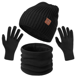 Men Black Gray Warm Beanie Scarf Gloves Knit Set