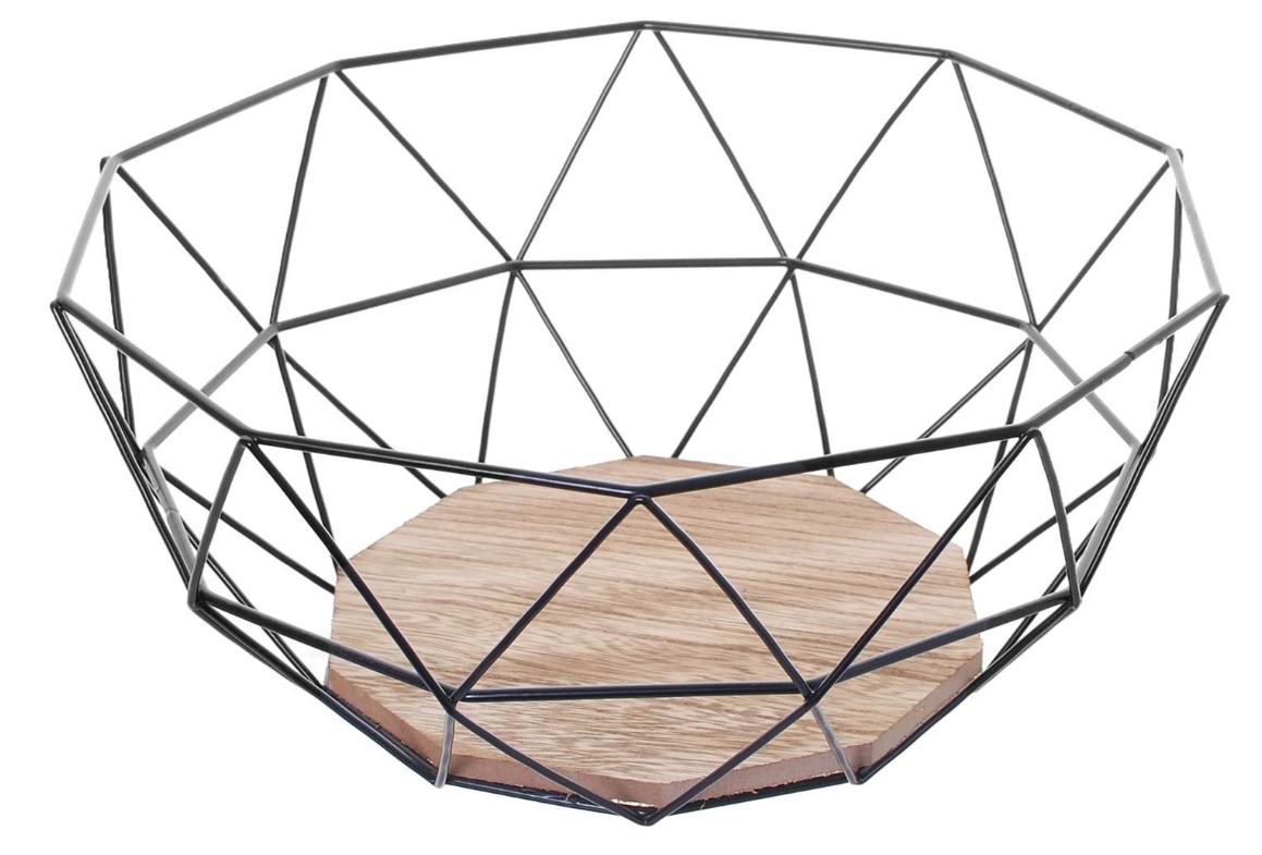 Black Geometric Metal Wire Wooden Base Decorative Storage/ Display Basket Fruit Bowl
