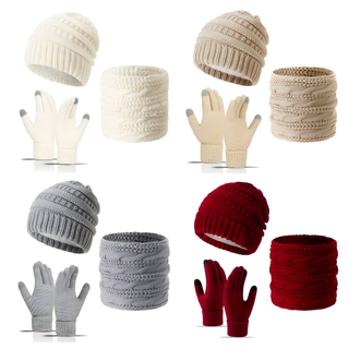 Women Wool Warm Fashion Neck Warmer Gloves Beanie Knit Three Piece Set