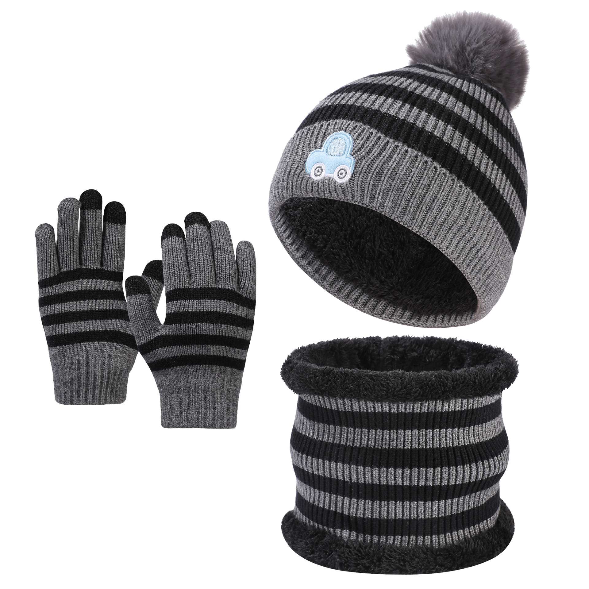 Children Wool Black Stripe Knit Three Piece Set