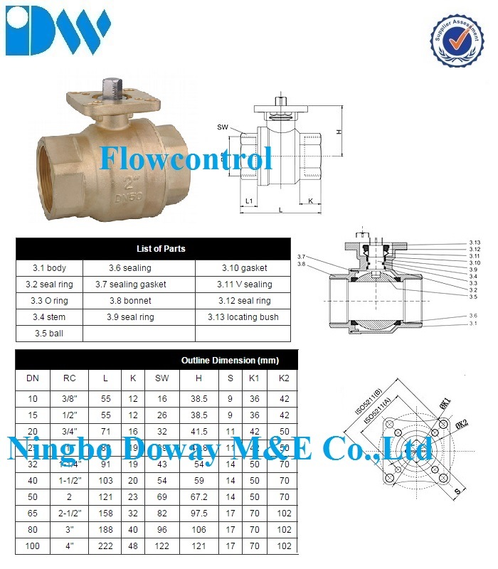 Vanne &agrave; bille en laiton &agrave; coussin mont&eacute; ISO5211