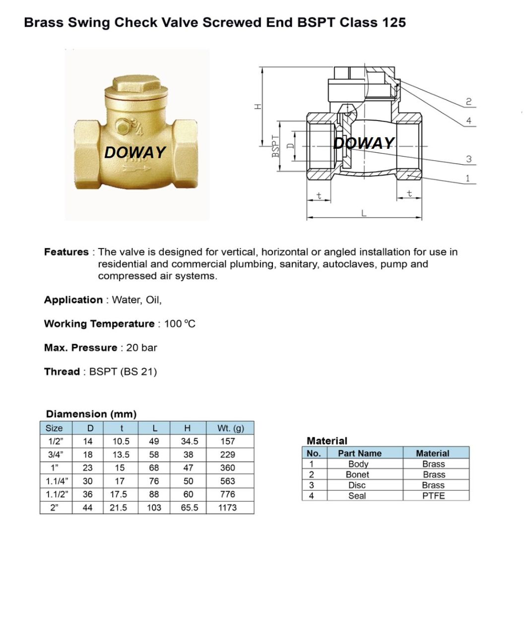 Chine fournisseur classe 125 clapet anti-retour &agrave; battant en laiton