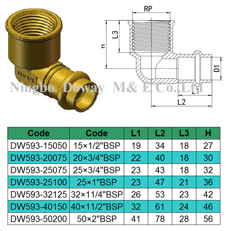 Raccord de presse en laiton d'approbation de filigrane / coude femelle