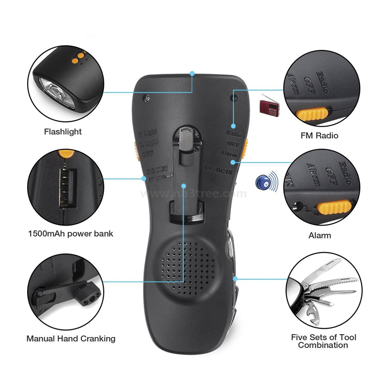 2W LED Emergency Flashlight Radio with Tool Set, Power Bank, Siren Function