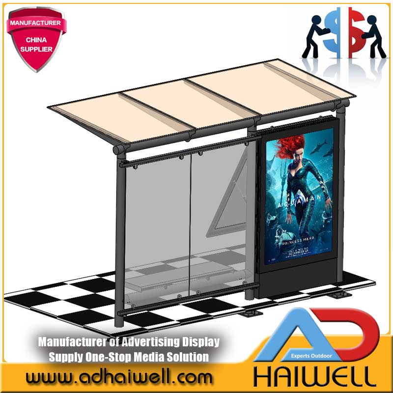 City Street Bus Stop Shelter مع Mupi Side Advertising Light Box