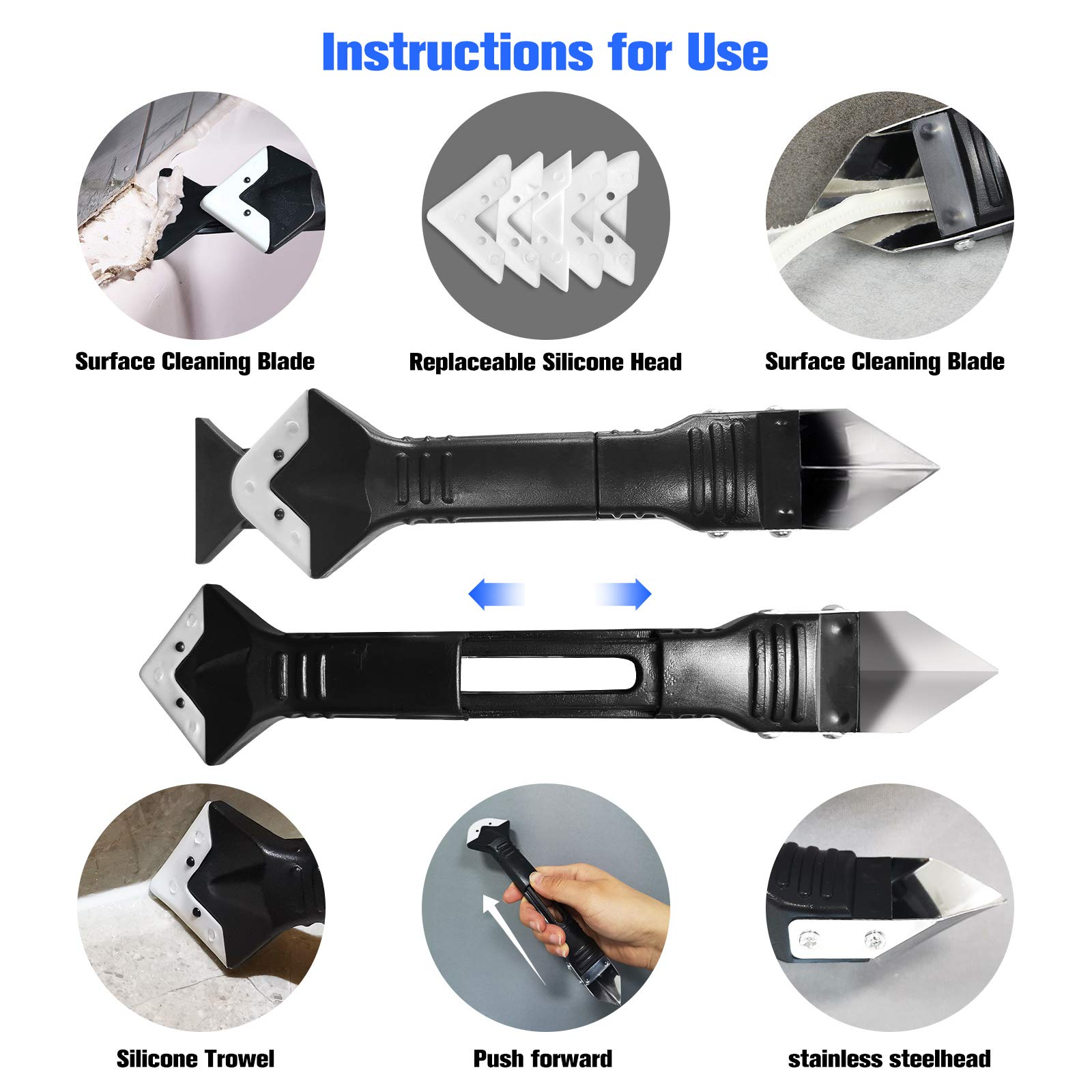 Caulk Remover Scraper Sealant Finishing Tool Kit with 5 Replaceable Silicone Pads