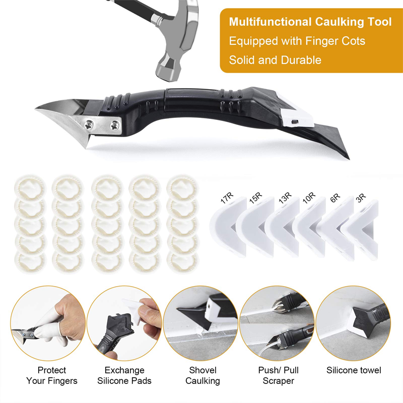 3 in 1 Silicone Sealant Caulking Tool with Grout Scraper Scratch Awl 6 Exchange Silicone Pads 25 Finger Cots