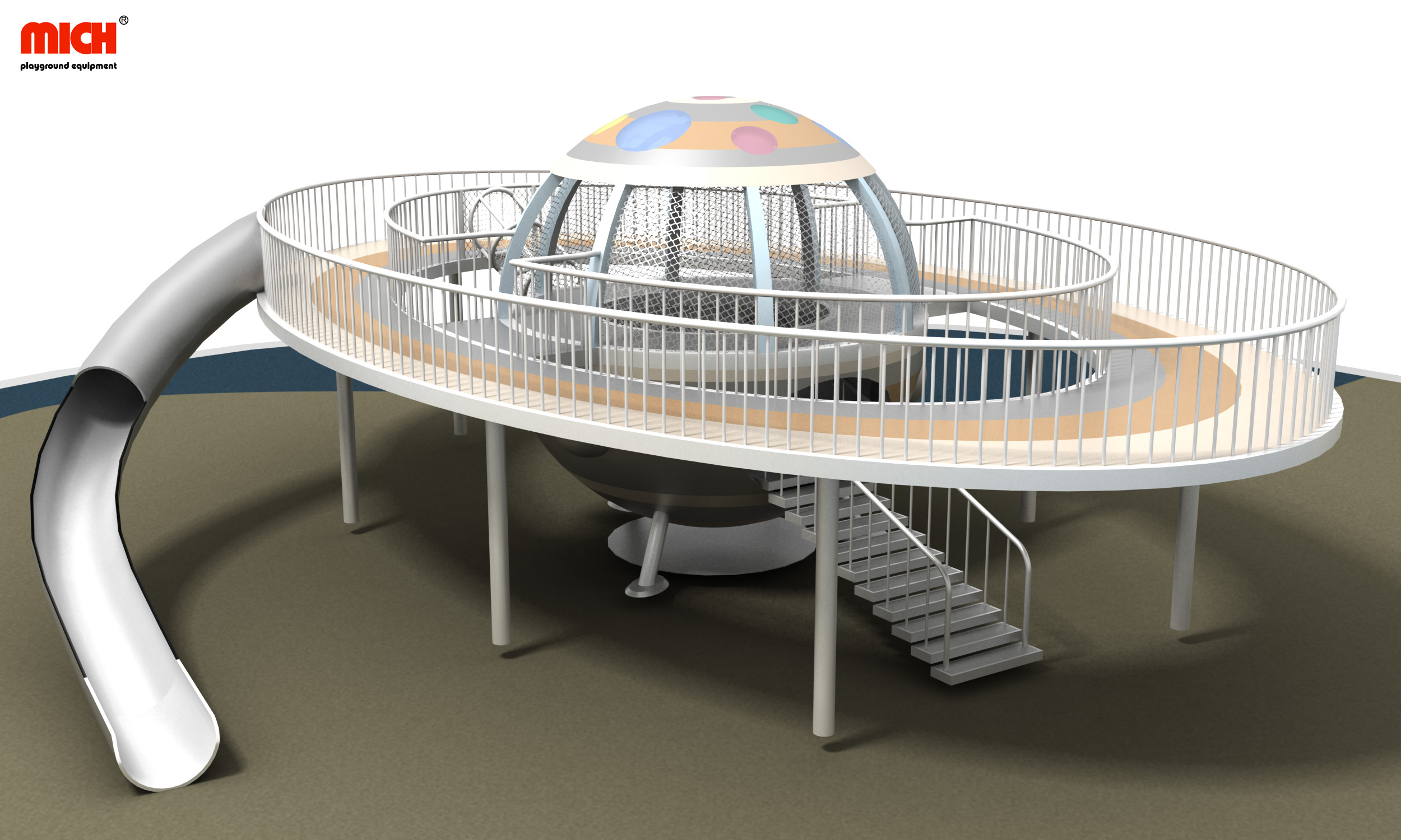Struktur bermain outdoor bertema ruang angkasa