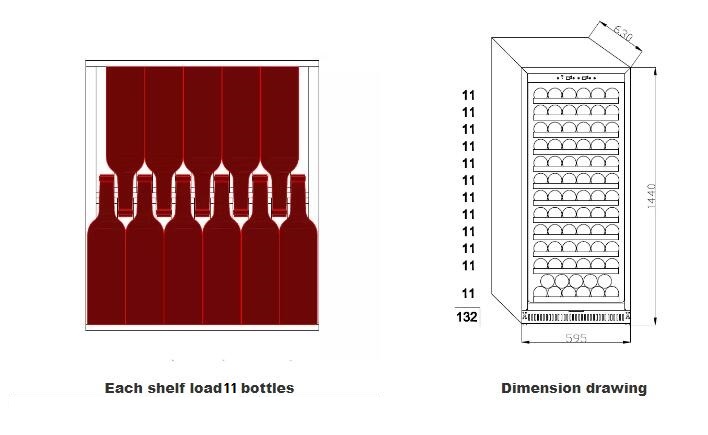 280US Each shelf load 11 bottles Dimension drawing
