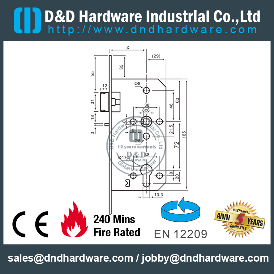 CE SS304 Mortise Fire Rated Door Lock -DDML026