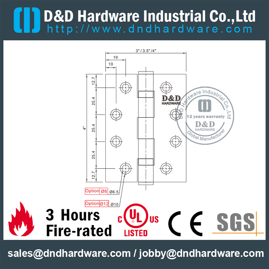 SS304 com classificação de fogo UL 2BB dobradiça-DDSS001-FR-4x4x3,0mm