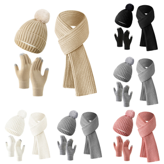 Unisex Solid Color Scarf Beanie Gloves Custom Winter Warm Knit Three Piece Set