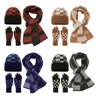 Unisex Fashion Stripe Scarf Beanie Gloves Wool Warm Knit Set