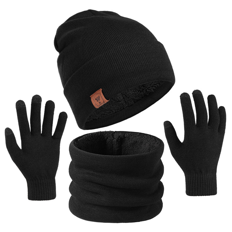 Men Black Gray Warm Beanie Scarf Gloves Knit Set