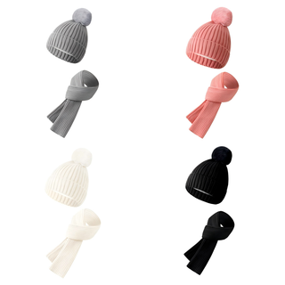 Solid Color Wool Warm Kids Knit Pom Beanie Scarf Two Piece Set