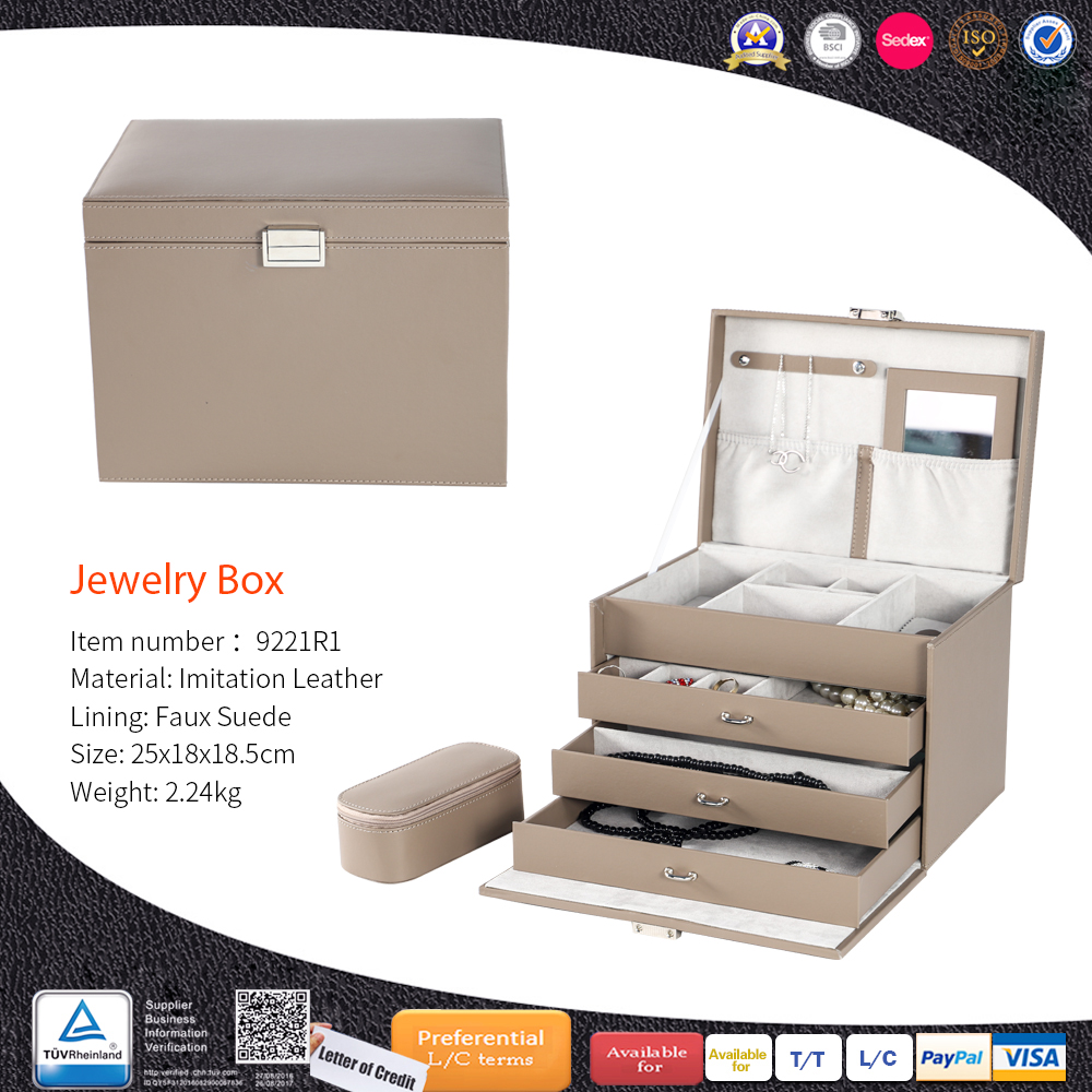 PU Leather Huge Jewelry Box Mirrored Organizer Necklace Ring Earring Storage Lockable Gift Case Folder Jewelry Box with Small Case