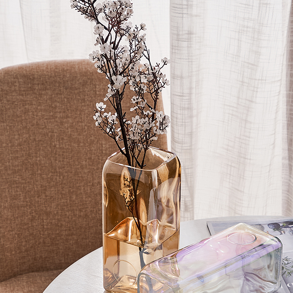 Ion Plating Square Colored Glass Flower Vase for Decoration