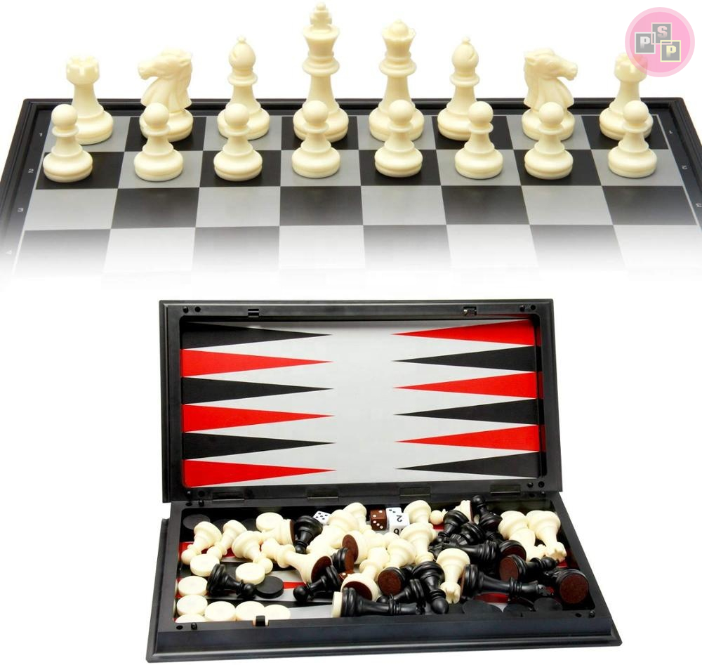 Wooden Chess Board Game Checker Chess And Backgammon Board 3-in-1 12" Folding Travel Magnetic