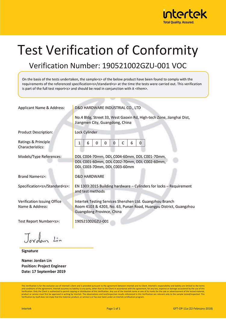 Cilindro de Bloqueio de Hardware D & D EN 1303 Certificado_1