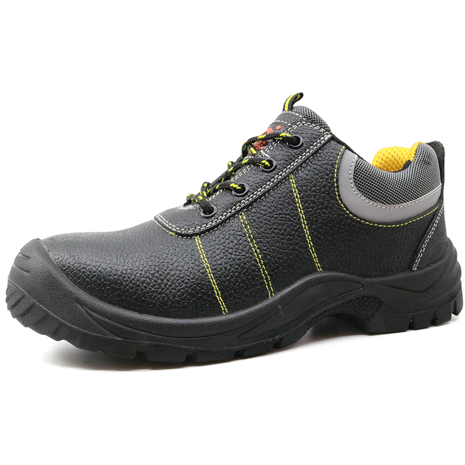 Black leather slip resistant mining work shoes with steel toe
