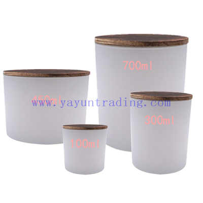 Wholesale 100ml 300ml 450ml 700ml white glass candle jars with wood lids cover